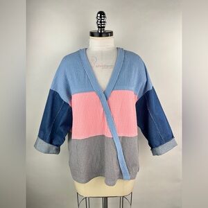 💚 3019. Color Blocked V-Neck Ribbed Denim Contrast Top